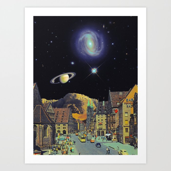 Galaxy Town - Space Collage, Retro Futurism, Sci-Fi Art Print