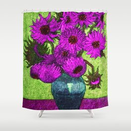 Vincent van Gogh Twelve purple sunflowers with red disk center flowers in a vase still life violet and green background portrait painting Shower Curtain