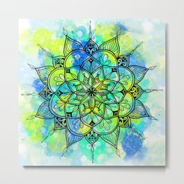 Yellow Green Blue Mandala - Paint Splatter Ray Design  Metal Print