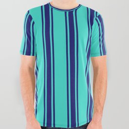 [ Thumbnail: Turquoise & Midnight Blue Colored Pattern of Stripes All Over Graphic Tee ]