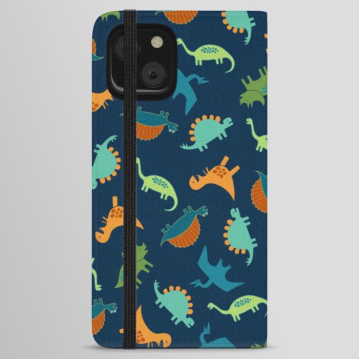 Dinosaur Tumble - green, rust and teal on navy by Cecca Designs iPhone Wallet Case