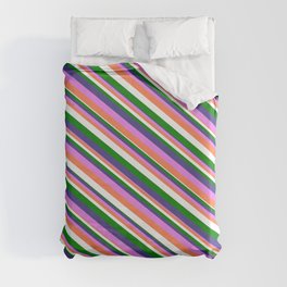 [ Thumbnail: Dark Slate Blue, Violet, Coral, White, and Green Colored Lined/Striped Pattern Duvet Cover ]
