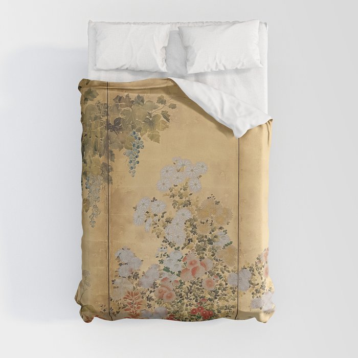 Japanese Edo Period Six-Panel Gold Leaf Screen - Spring and Autumn Flowers Duvet Cover