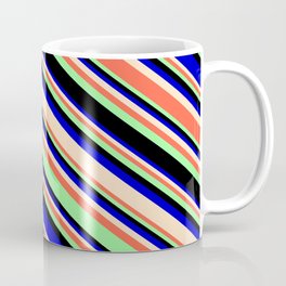 [ Thumbnail: Eye-catching Blue, Bisque, Red, Green, and Black Colored Lines/Stripes Pattern Coffee Mug ]