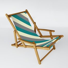 [ Thumbnail: Light Yellow, Gray & Teal Colored Lined/Striped Pattern Sling Chair ]