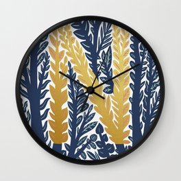 Botanical Metallic Monogram - Letter N Wall Clock | Boho, Plants, Mettallic, Digital, Blue, Illustration, Trees, Pattern, Typography, Leaves 
