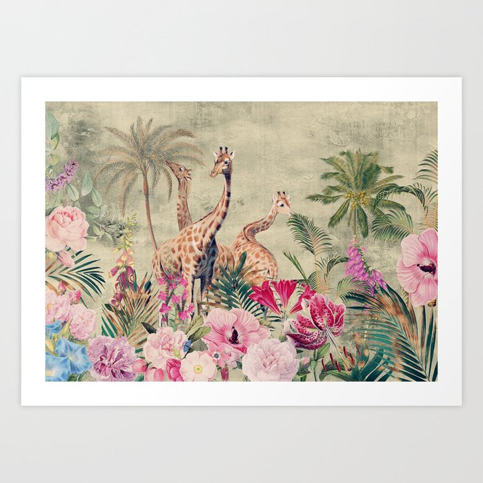 Vintage & Shabby Chic - Tropical Animals And Flower Garden Art Print