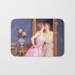 Kiss off!  French belle kissing mirror (vanity) in Parisienne Salon epoque female portrait oil painting by Auguste Toulmouche for home, bedroom and wall decor Bath Mat | Ballgown, Salon, Vanity, Painting, Parisian, Paintings, Belle, Beauty, Woman, Victorian 