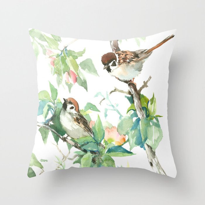Sparrows And Apple Blossom, bird art Sage, teal green Vintage style floral bird art Throw Pillow