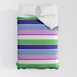 [ Thumbnail: Cornflower Blue, Lime Green, Violet, Dark Blue & White Colored Stripes/Lines Pattern Comforter ]