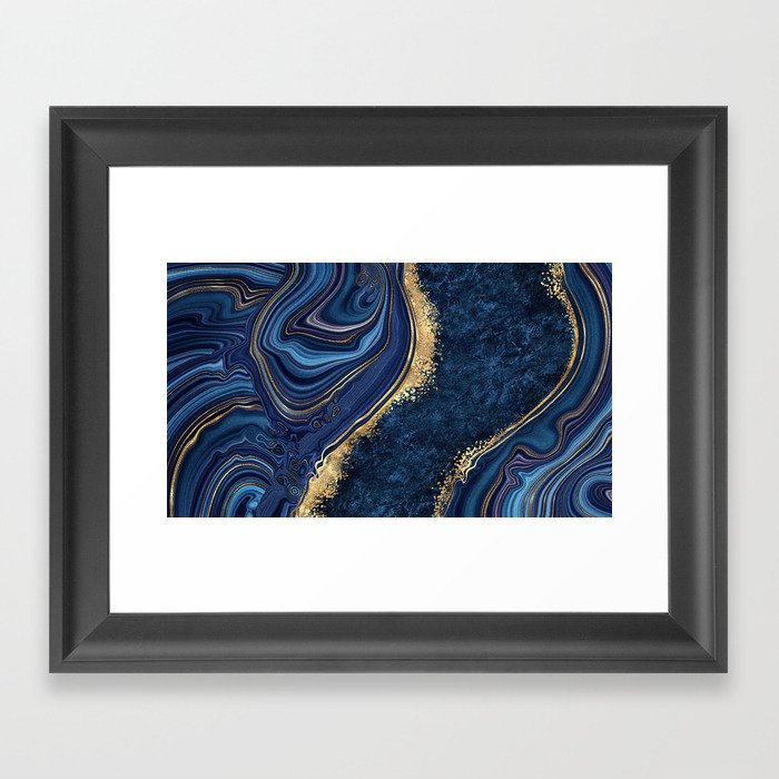 Midnight Blue + Gold Abstract Swirl Framed Art Print