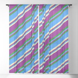 [ Thumbnail: Blue, Pale Goldenrod, Purple & Green Colored Lined/Striped Pattern Sheer Curtain ]