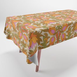 Orange, Pink Flowers and Green Leaves 1960s Retro Vintage Pattern Tablecloth