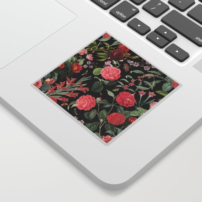  Blooming Pink Flowers Night Garden - Vintage Botanical illustration collage on the  black backgound Sticker