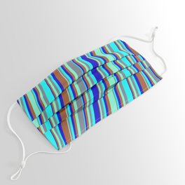 [ Thumbnail: Colorful Aquamarine, Slate Gray, Cyan, Blue & Sienna Colored Striped/Lined Pattern Face Mask ]