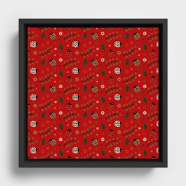 Ladybug and Floral Seamless Pattern on Red Background Framed Canvas