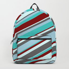 [ Thumbnail: Eyecatching Dim Grey, Light Blue, Turquoise, Dark Red, and Light Cyan Colored Lines Pattern Backpack ]