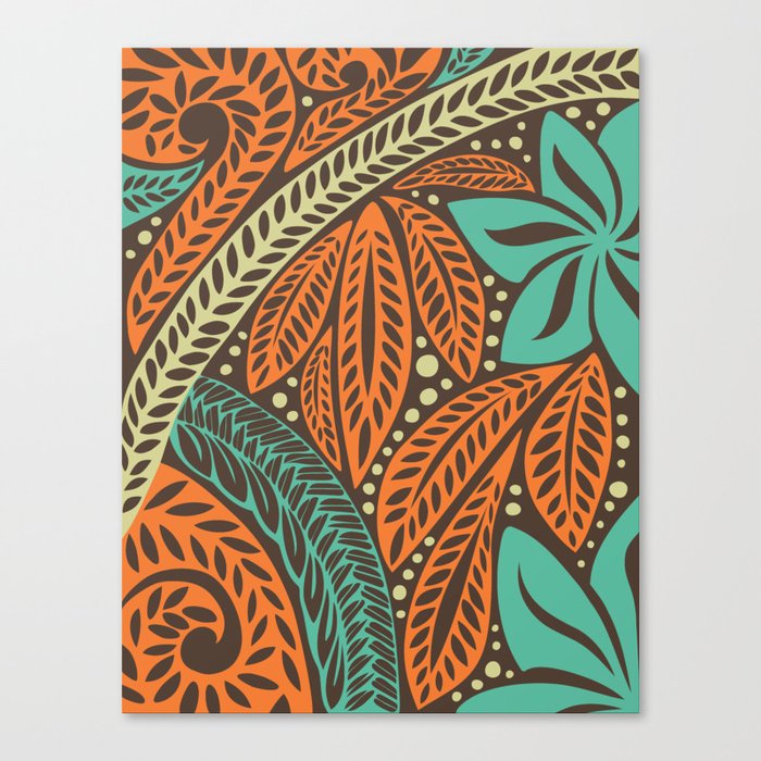 Blue orange retro colored Polynesian Hawaiian floral tattoo design Canvas Print