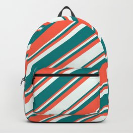[ Thumbnail: Red, Mint Cream & Teal Colored Lines Pattern Backpack ]