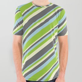 [ Thumbnail: Light Yellow, Dim Gray, Light Blue & Green Colored Lines/Stripes Pattern All Over Graphic Tee ]