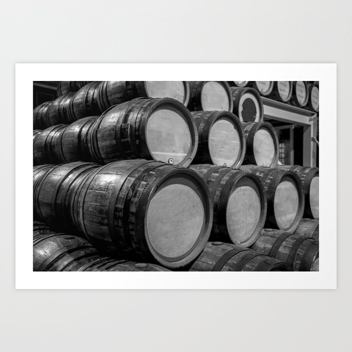 Tuscany wine vineyard oak cask wine barrels stacked in wine cellar black and white photograph - photography - photographs Art Print