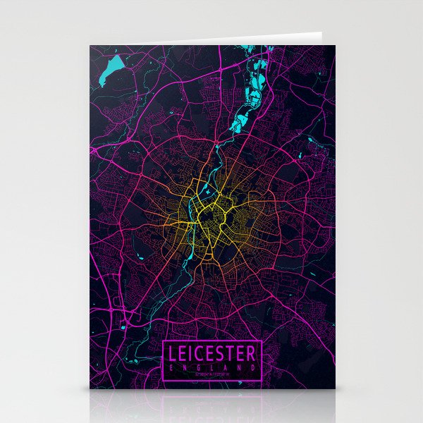 Leicestershire City Map of England - Neon Stationery Cards
