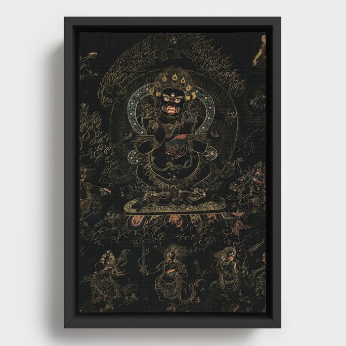 Black Mahakala Buddhist Thangka Panjarnata Lord of the Pavilion 1700s Framed Canvas