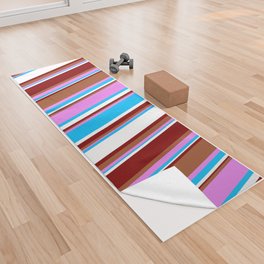 [ Thumbnail: Vibrant Violet, Sienna, Maroon, White, and Deep Sky Blue Colored Stripes Pattern Yoga Towel ]