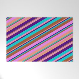 [ Thumbnail: Eye-catching Sienna, Violet, Dark Salmon, Indigo, and Dark Turquoise Colored Lined Pattern Welcome Mat ]