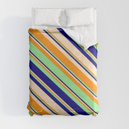 [ Thumbnail: Light Green, Blue, Bisque, and Dark Orange Colored Stripes/Lines Pattern Comforter ]