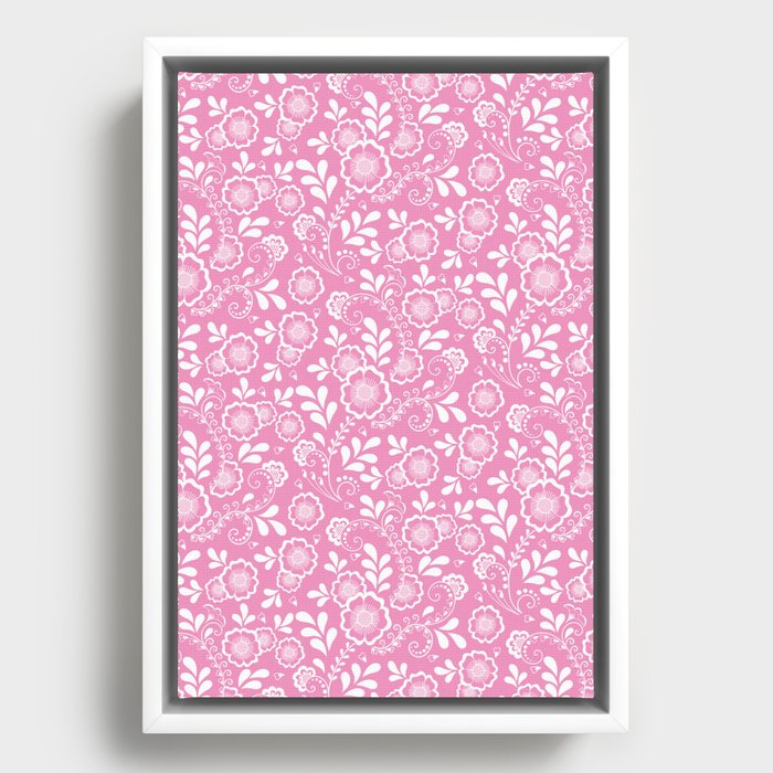 Pink And White Eastern Floral Pattern Framed Canvas