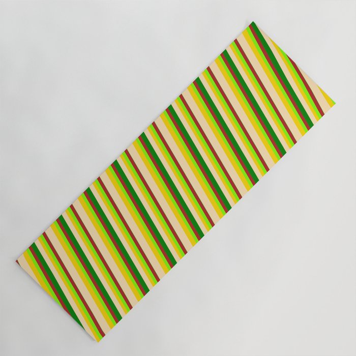 Vibrant Beige, Yellow, Chartreuse, Red & Green Colored Pattern of Stripes Yoga Mat