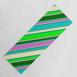 [ Thumbnail: Vibrant Dark Turquoise, Lime, Orchid, Light Yellow, and Dark Green Colored Stripes Pattern Yoga Mat ]
