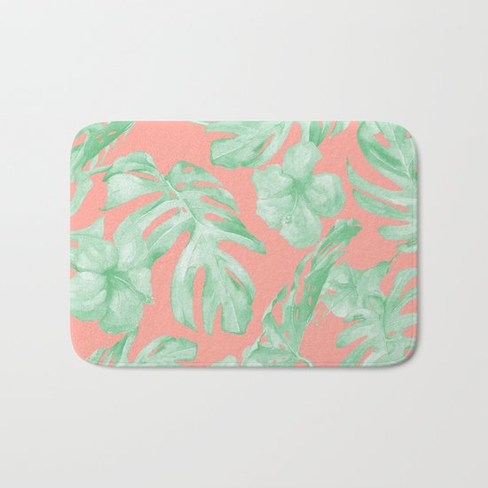 Tropical Palm Leaves Hibiscus Flowers Coral Green Bath Mat