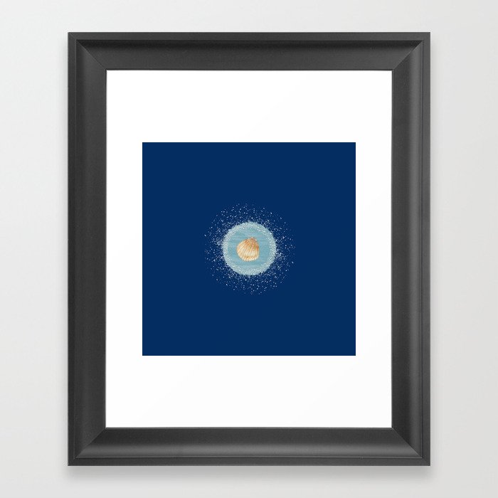 Watercolor Seashell and Blue Circle on Navy Blue Framed Art Print