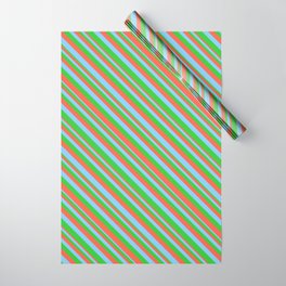 [ Thumbnail: Lime Green, Red, and Light Sky Blue Colored Striped Pattern Wrapping Paper ]