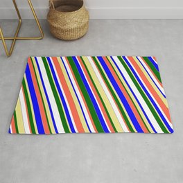 [ Thumbnail: Vibrant Blue, Tan, Dark Green, Red, and White Colored Stripes/Lines Pattern Rug ]