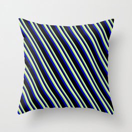 [ Thumbnail: Lavender, Light Green, Blue & Black Colored Pattern of Stripes Throw Pillow ]