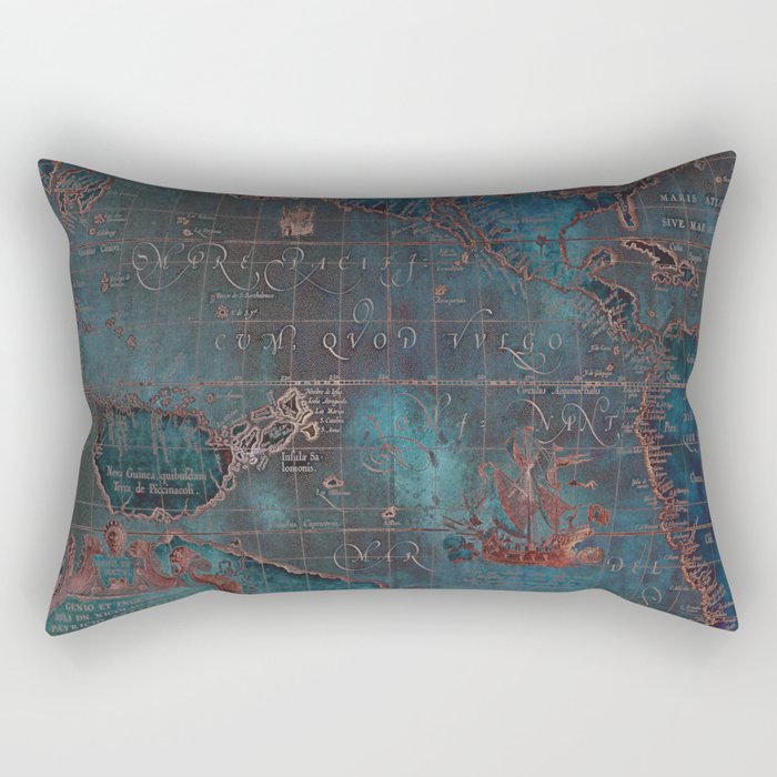 Antique Map Teal Blue and Copper Rectangular Pillow