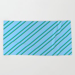 [ Thumbnail: Light Sky Blue, Deep Sky Blue, and Forest Green Colored Striped Pattern Beach Towel ]