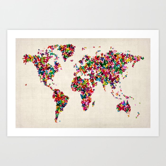 Butterflies Map of the World Map Art Print