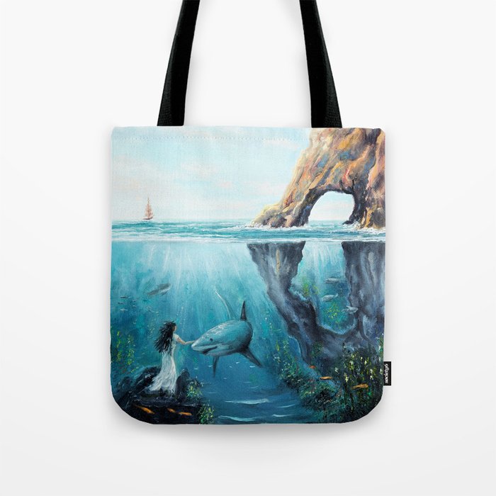 Surreal Ocean Dream 'Fairy Girl and the Shark' Tote Bag