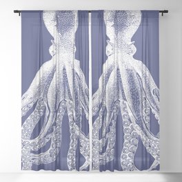 Octopus | Vintage Octopus | Tentacles | Navy Blue and White | Sheer Curtain