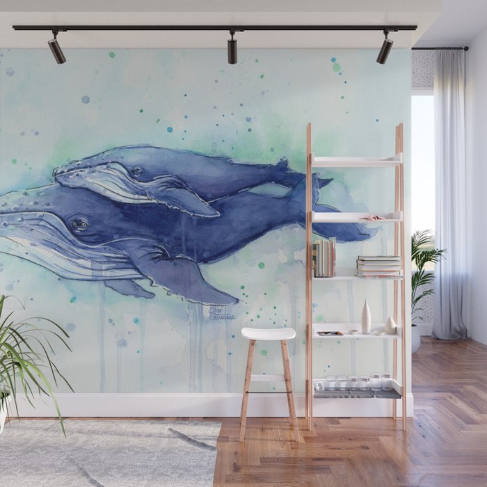 Humpback Whale Watercolor Mom And Baby Painting Whales Sea
