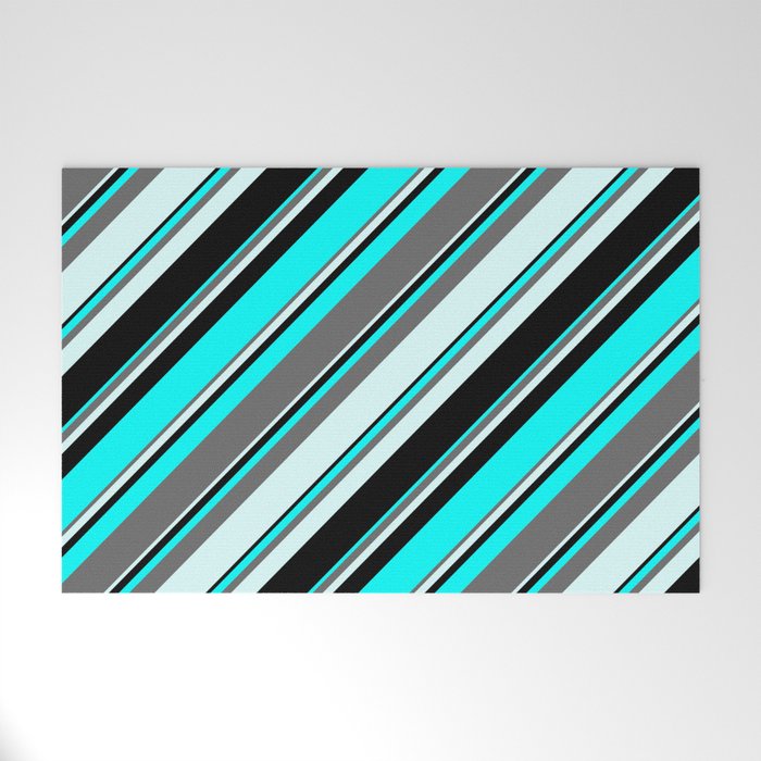 Aqua, Dim Gray, Light Cyan & Black Colored Lines/Stripes Pattern Welcome Mat