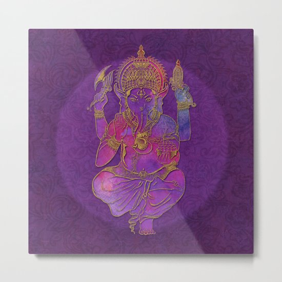 Ganesha hindu god watercolor gold purple art Metal Print