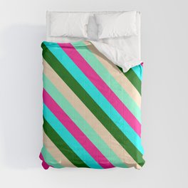 [ Thumbnail: Colorful Deep Pink, Cyan, Dark Green, Bisque, and Aquamarine Colored Striped/Lined Pattern Comforter ]