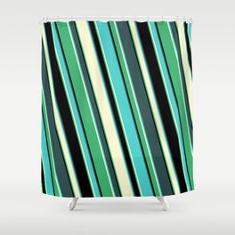 [ Thumbnail: Colorful Dark Slate Gray, Turquoise, Light Yellow, Sea Green, and Black Colored Lined Pattern Shower Curtain ]