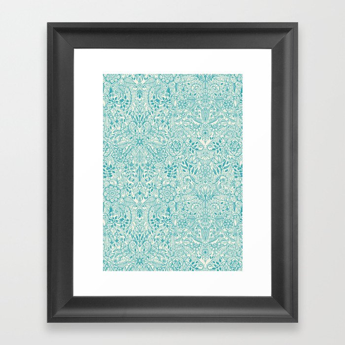 Detailed Floral Pattern in Teal and Cream Framed Art Print