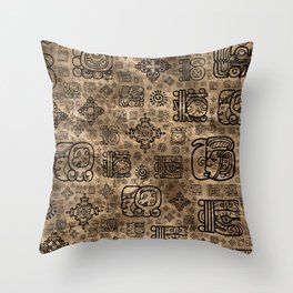 Mayan glyphs and ornaments pattern -black on gold Throw Pillow